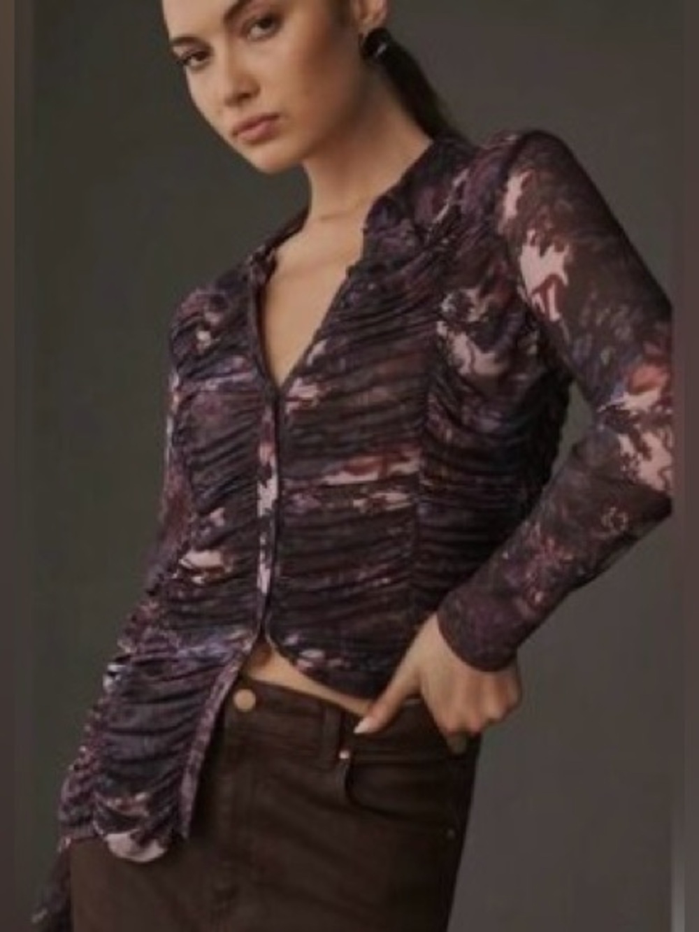 Pilcro Purple Ruched Sheer Button-Down Top. Size M